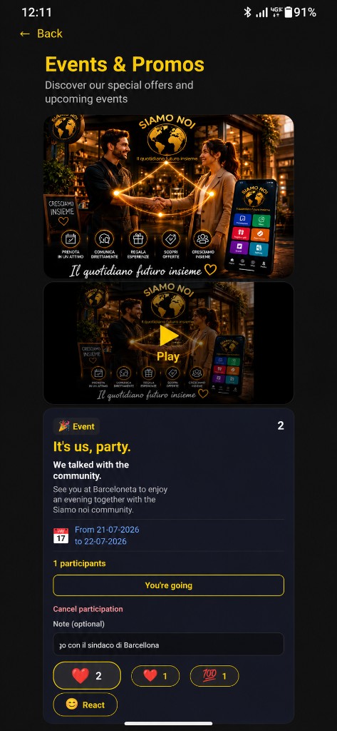 Schermata eventi e promozioni app Siamo Noi